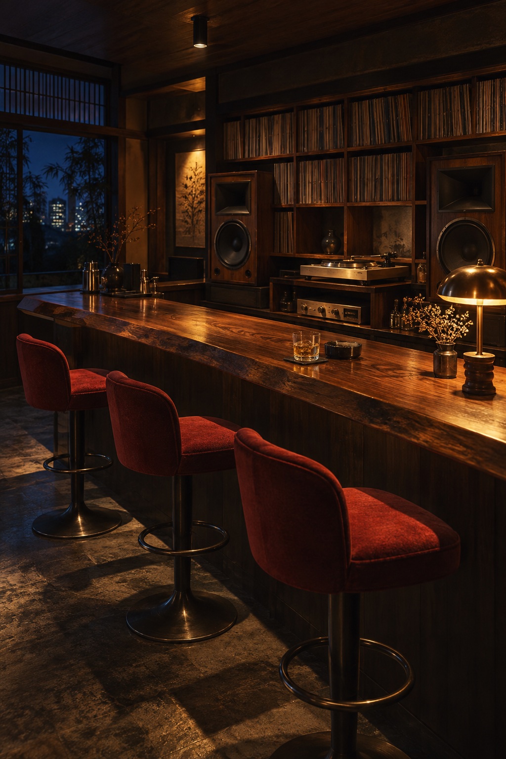 An intimate listening bar settles into amber light and indigo shadows after closing.