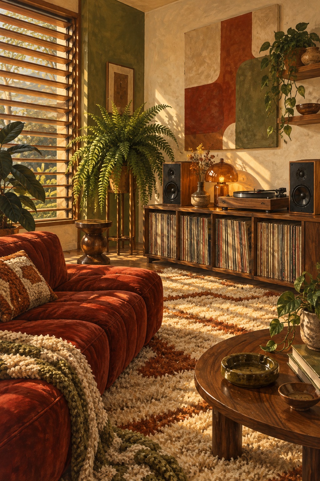 Sunlight falls across a rust velvet sofa, walnut hi-fi cabinet and richly textured listening room.