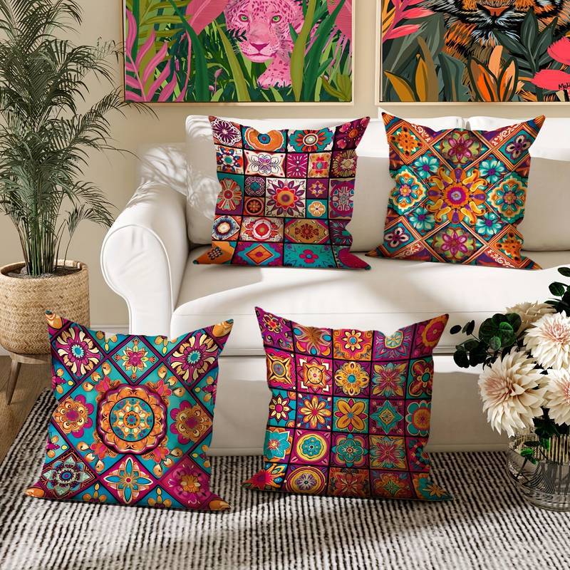 Retro patterned cushion covers styled around a sofa